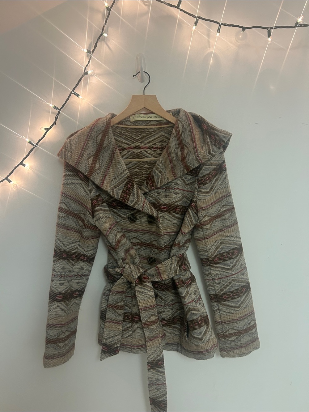 Patterned Belted Peacoat Jacket in Neutral Boho Aztec Print